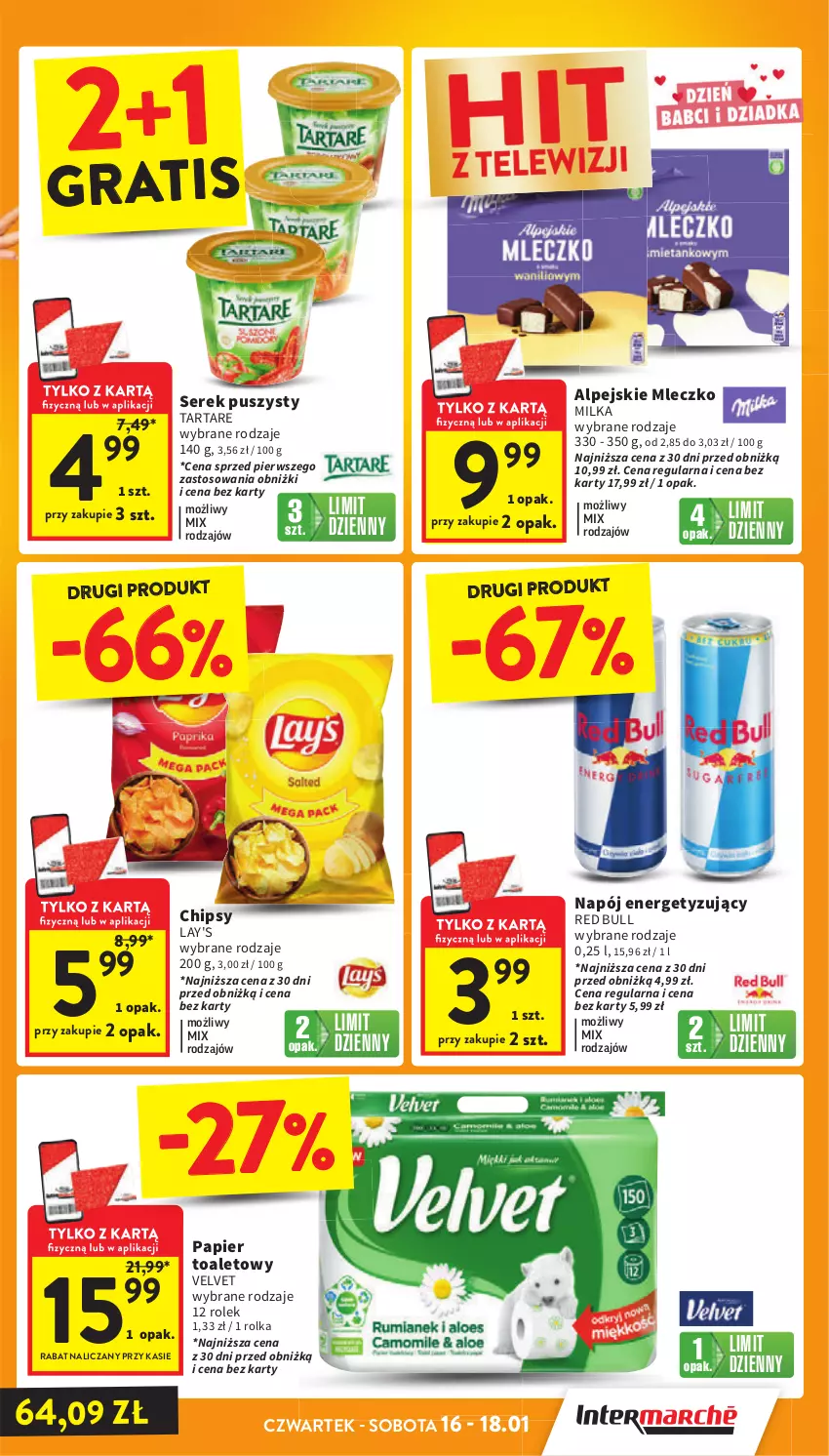 Gazetka promocyjna Intermarche - ważna 16.01 do 22.01.2025 - strona 3 - produkty: Chipsy, Gra, Milka, Mleczko, Napój, Papier, Papier toaletowy, Red Bull, Ser, Serek, Serek puszysty, Tarta, Tartare, Velvet