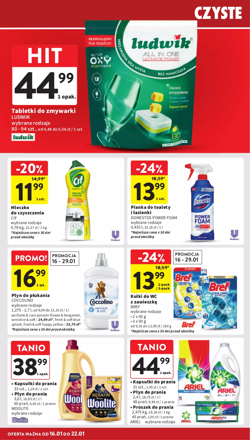 Gazetka promocyjna Intermarche - ważna 16.01 do 22.01.2025 - strona 36 - produkty: Ariel, Bref, Cif, Coccolino, Domestos, Kapsułki do prania, Kulki do wc, Ludwik, Mleczko, Perfum, Płyn do płukania, Płyn do prania, Proszek do prania, Tablet, Tabletki do zmywarki, Woolite, Zmywarki