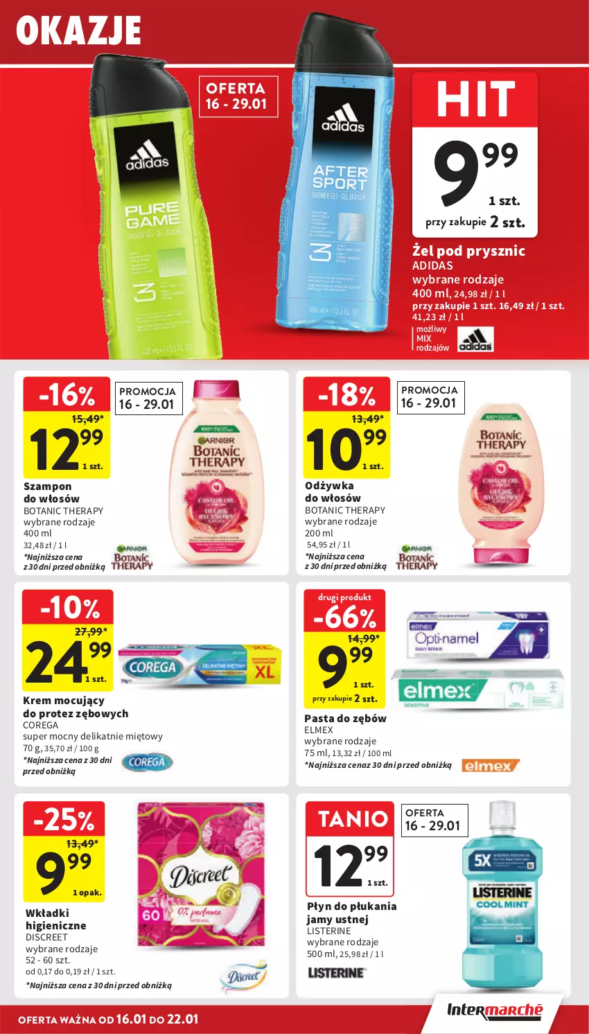 Gazetka promocyjna Intermarche - ważna 16.01 do 22.01.2025 - strona 37 - produkty: Adidas, Corega, Discreet, Elmex, Listerine, Odżywka, Pasta do zębów, Płyn do płukania, Płyn do płukania jamy ustnej, Szampon, Wkładki