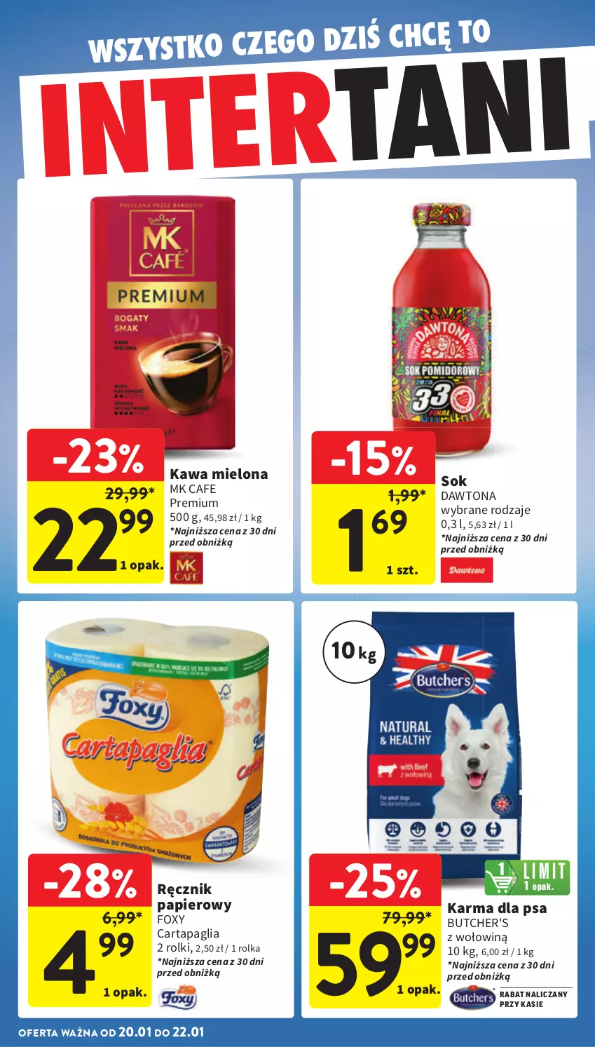 Gazetka promocyjna Intermarche - ważna 16.01 do 22.01.2025 - strona 38 - produkty: Butcher's, Dawtona, Foxy, Kawa, Kawa mielona, Papier, Ręcznik, Rolki, Sok