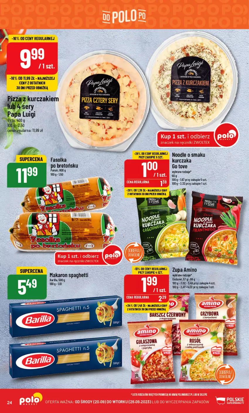 Gazetka promocyjna PoloMarket - Gazetka pomocyjna - ważna 20.09 do 26.09.2023 - strona 24 - produkty: Barilla, Fa, Kurczak, Makaron, Pizza, Pizza cztery sery, Ser, Spaghetti, Top