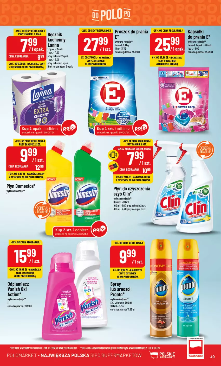 Gazetka promocyjna PoloMarket - Gazetka pomocyjna - ważna 20.09 do 26.09.2023 - strona 49 - produkty: Clin, Domestos, Laur, Odplamiacz, Pronto, Proszek do prania, Ręcznik, Ręcznik kuchenny, Rolki, Vanish