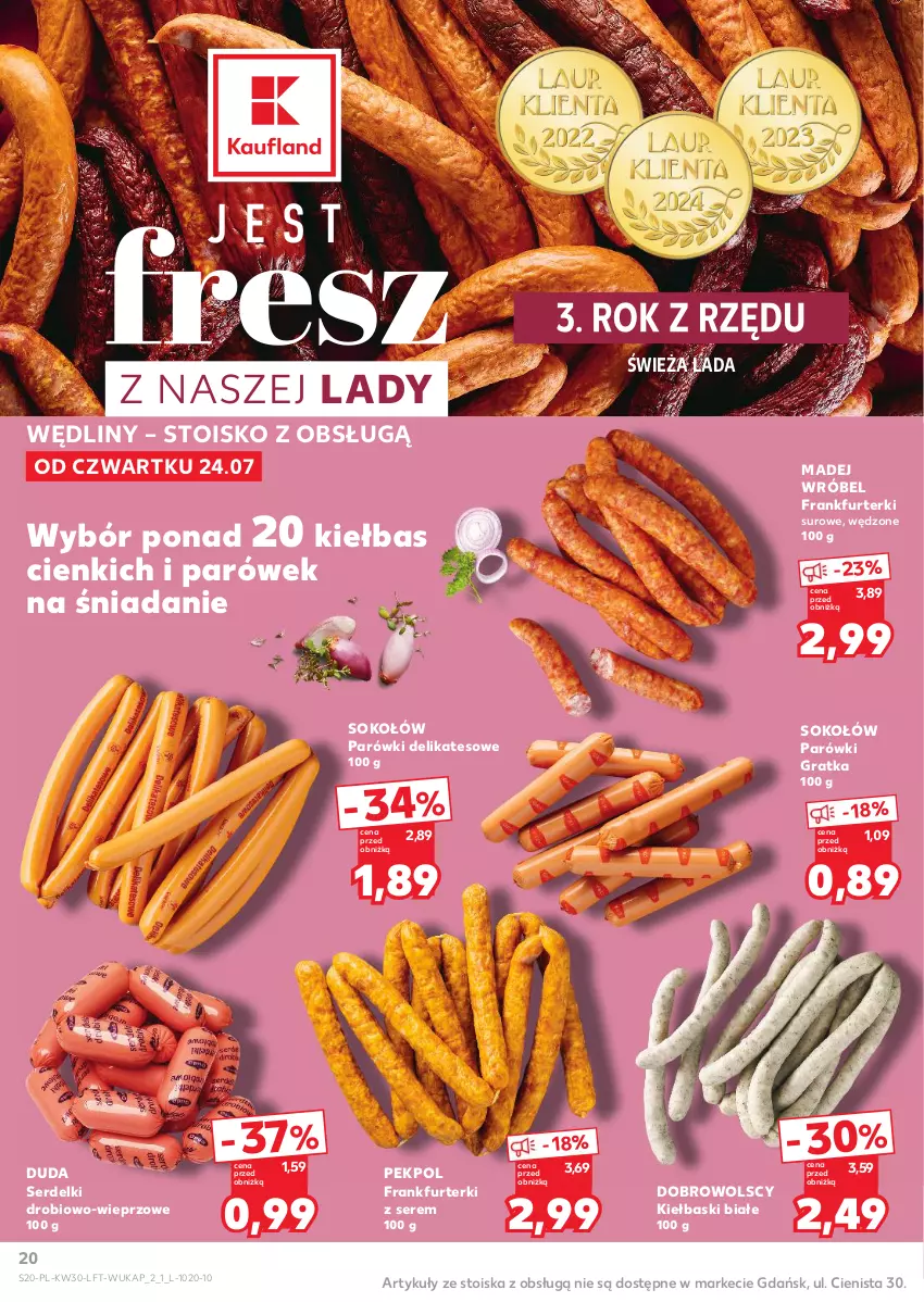 Gazetka promocyjna Kaufland - Gazetka tygodnia - ważna 24.07 do 30.07.2025 - strona 20 - produkty: Duda, Frankfurterki, Gra, Kiełbaski białe, Madej Wróbel, Parówki, Pekpol, Ser, Serdelki, Sok, Sokołów