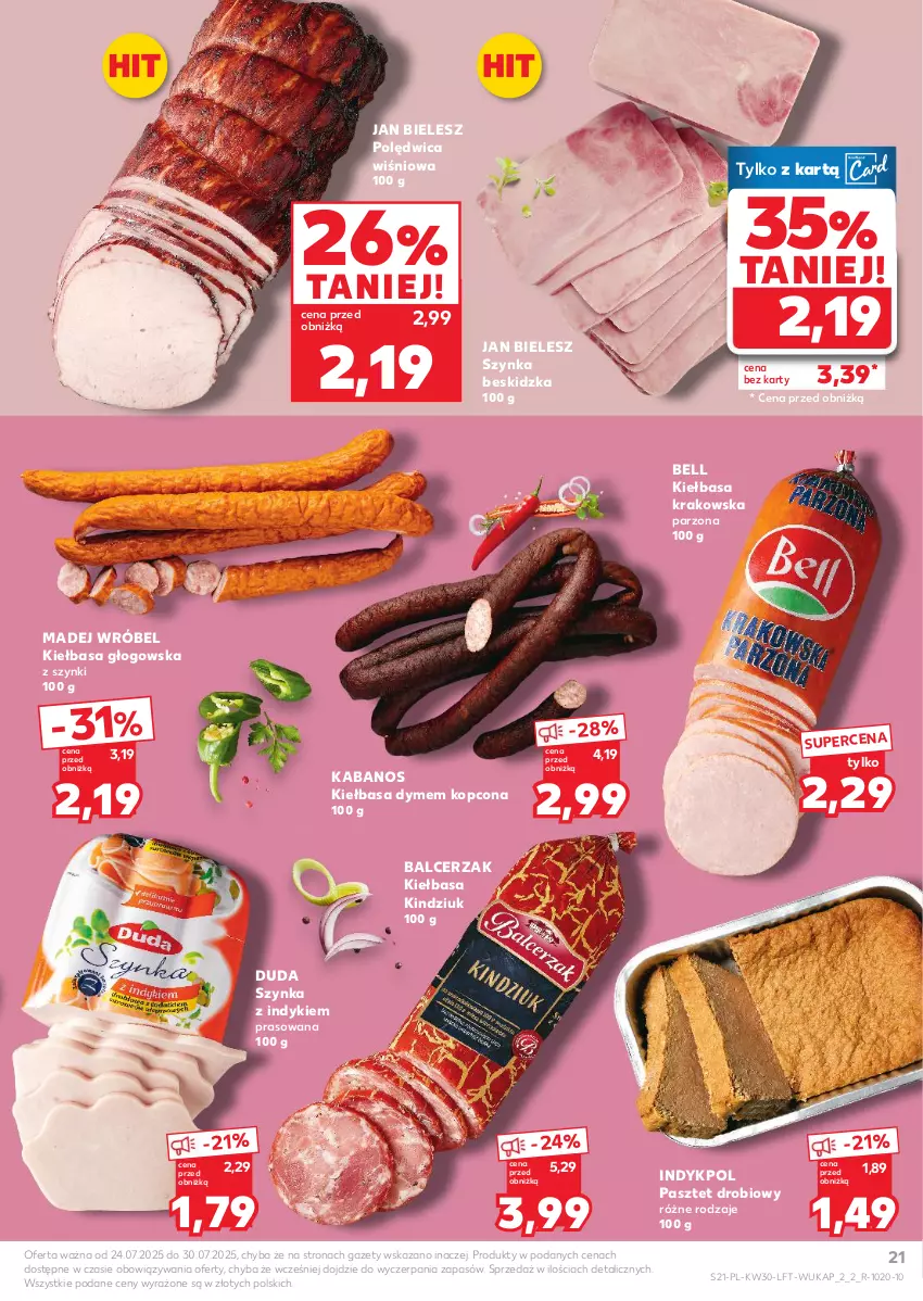 Gazetka promocyjna Kaufland - Gazetka tygodnia - ważna 24.07 do 30.07.2025 - strona 21 - produkty: Bell, Duda, Kabanos, Kiełbasa, Kiełbasa głogowska, Kiełbasa krakowska, Kindziuk, Madej Wróbel, Pasztet, Polędwica, Szynka