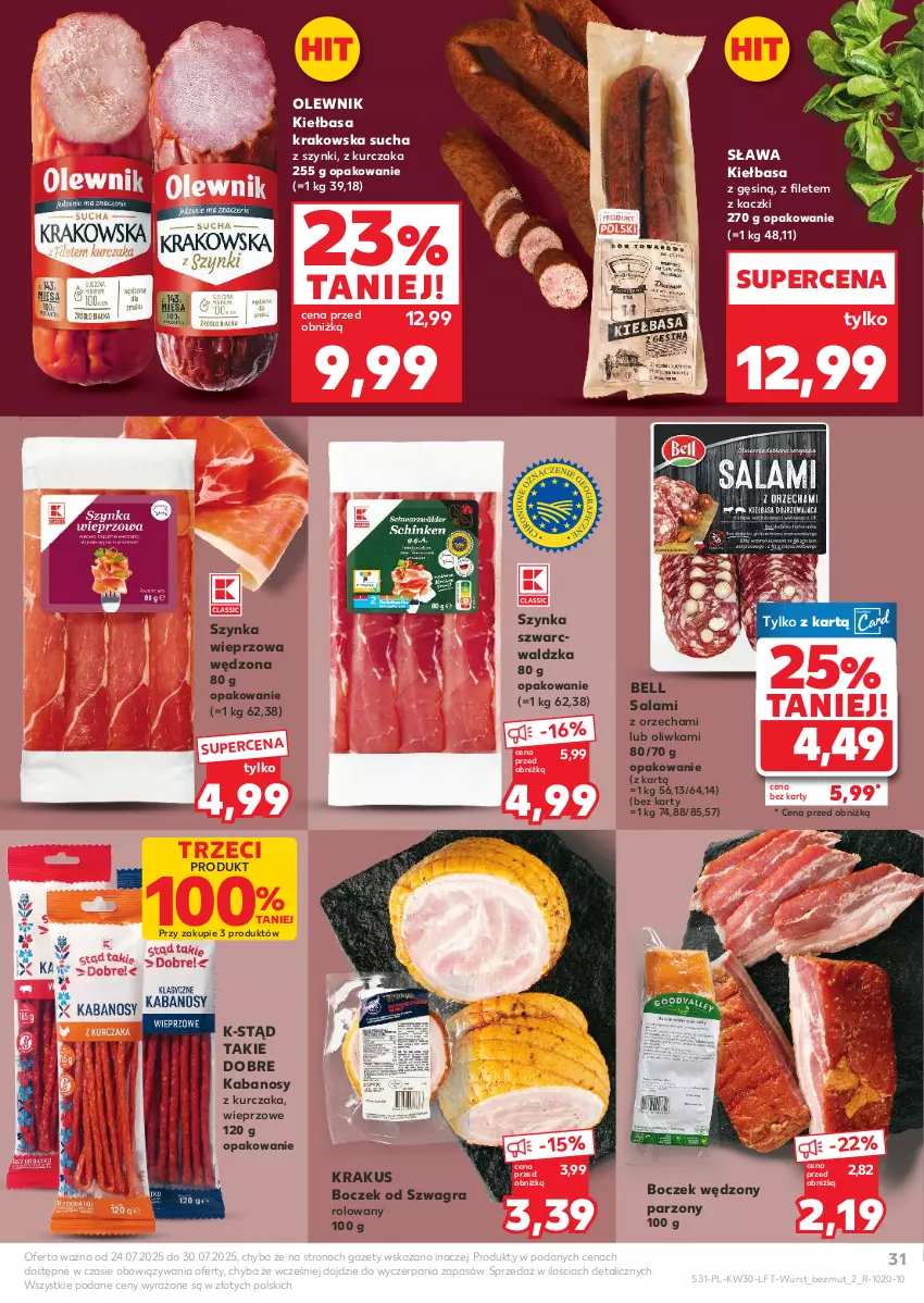 Gazetka promocyjna Kaufland - Gazetka tygodnia - ważna 24.07 do 30.07.2025 - strona 31 - produkty: Bell, Boczek, Gra, Kabanos, Kiełbasa, Kiełbasa krakowska, Krakus, Kurczak, Olewnik, Salami, Szynka, Szynka wieprzowa