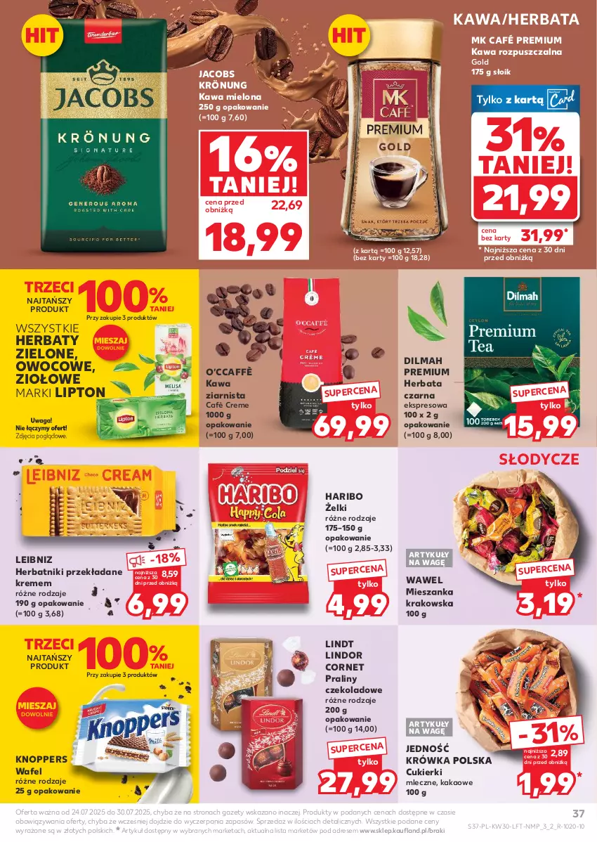 Gazetka promocyjna Kaufland - Gazetka tygodnia - ważna 24.07 do 30.07.2025 - strona 37 - produkty: Cukier, Cukierki, Dilmah, Dres, Haribo, Herbata, Herbata czarna, Herbatniki, Jacobs, Jacobs Krönung, Kakao, Kawa, Kawa mielona, Kawa rozpuszczalna, Kawa ziarnista, Knoppers, Lindor, Lindt, Lipton, Praliny, Waga, Wawel