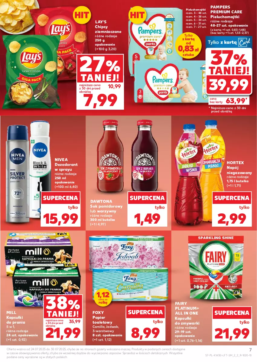 Gazetka promocyjna Kaufland - Gazetka tygodnia - ważna 24.07 do 30.07.2025 - strona 7 - produkty: Chipsy, Dawtona, Dezodorant, Fa, Fairy, Foxy, Hortex, Kapsułki do prania, Lay’s, Majtki, Napój, Napój niegazowany, Nivea, Pampers, Papier, Papier toaletowy, Pieluchomajtki, Sok, Sok pomidorowy, Zmywarki