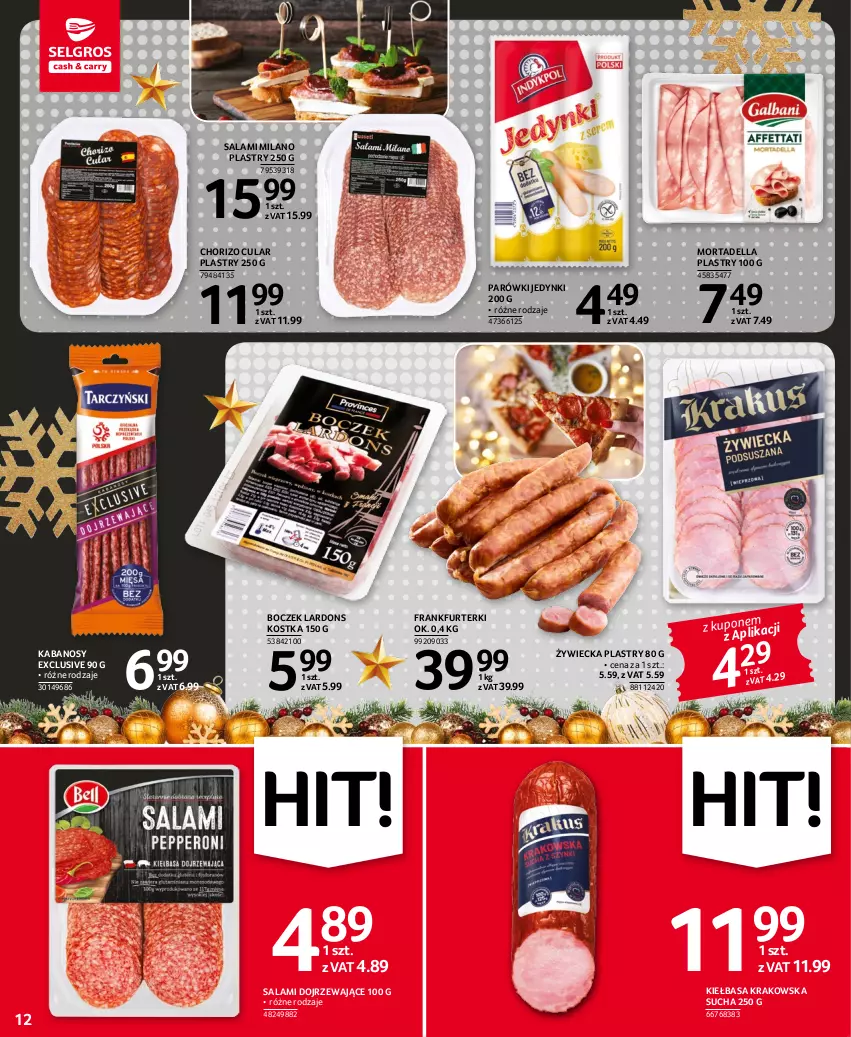 Gazetka promocyjna Selgros - Oferta spożywcza - ważna 15.12 do 26.12.2022 - strona 12 - produkty: Boczek, Dell, Frankfurterki, Kabanos, Kiełbasa, Kiełbasa krakowska, Mortadella, Parówki, Salami