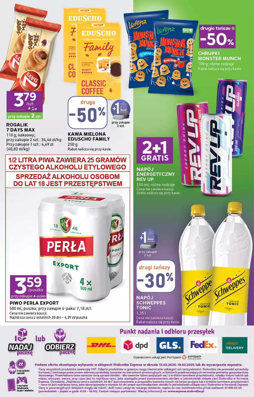 Gazetka promocyjna Stokrotka - Stokrotka Express - ważna 12.02 do 18.02.2026 - strona 6 - produkty: 7 Days, Fa, Gra, Kakao, Kawa, Kawa mielona, Napój, O nas, Owoce, Perła, Piwa, Piwo, Por, Rogal, Schweppes, Wagi, Warzywa