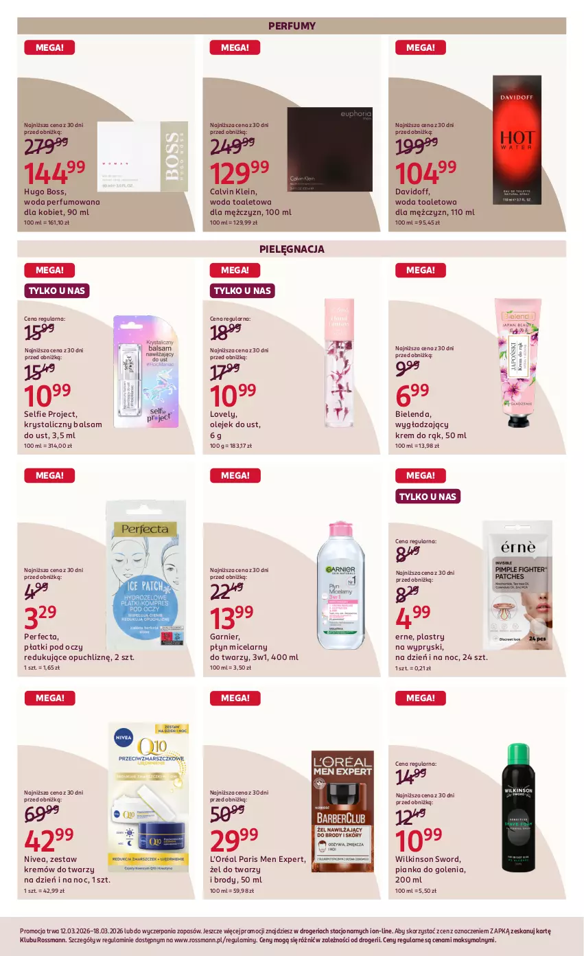 Gazetka promocyjna Rossmann - Gazetka promocyjna Rossmanna - ważna 12.03 do 18.03.2026 - strona 4 - produkty: Balsam do ust, Bielenda, Calvin Klein, Davidoff, Garnier, Hugo Boss, Krem do rąk, L’Oréal, Lovely, Nivea, Olej, Perfecta, Perfum, Pianka do golenia, Płyn micelarny, Wilkinson Sword, Woda, Woda perfumowana, Woda toaletowa