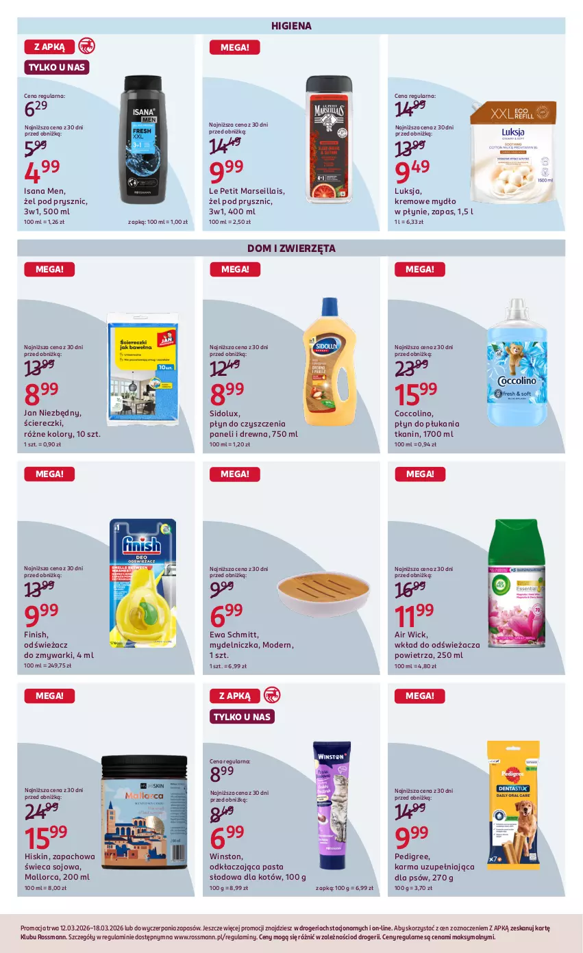 Gazetka promocyjna Rossmann - Gazetka promocyjna Rossmanna - ważna 12.03 do 18.03.2026 - strona 7 - produkty: Air Wick, Coccolino, Ewa Schmitt, Finish, Isana, Jan Niezbędny, Luksja, Mars, Mydelniczka, Mydło, Mydło w płynie, Odświeżacz do zmywarki, Pedigree, Płyn do płukania, Sidolux, Winston, Zmywarki, Zwierzęta