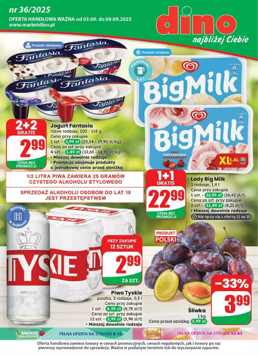 Gazetka promocyjna Dino - ważna 03.09 do 09.09.2025 - strona 1 - produkty: Big Milk, Fa, Fanta, Gra, Jogurt, Koc, Lody, Piwa, Piwo, Tyskie