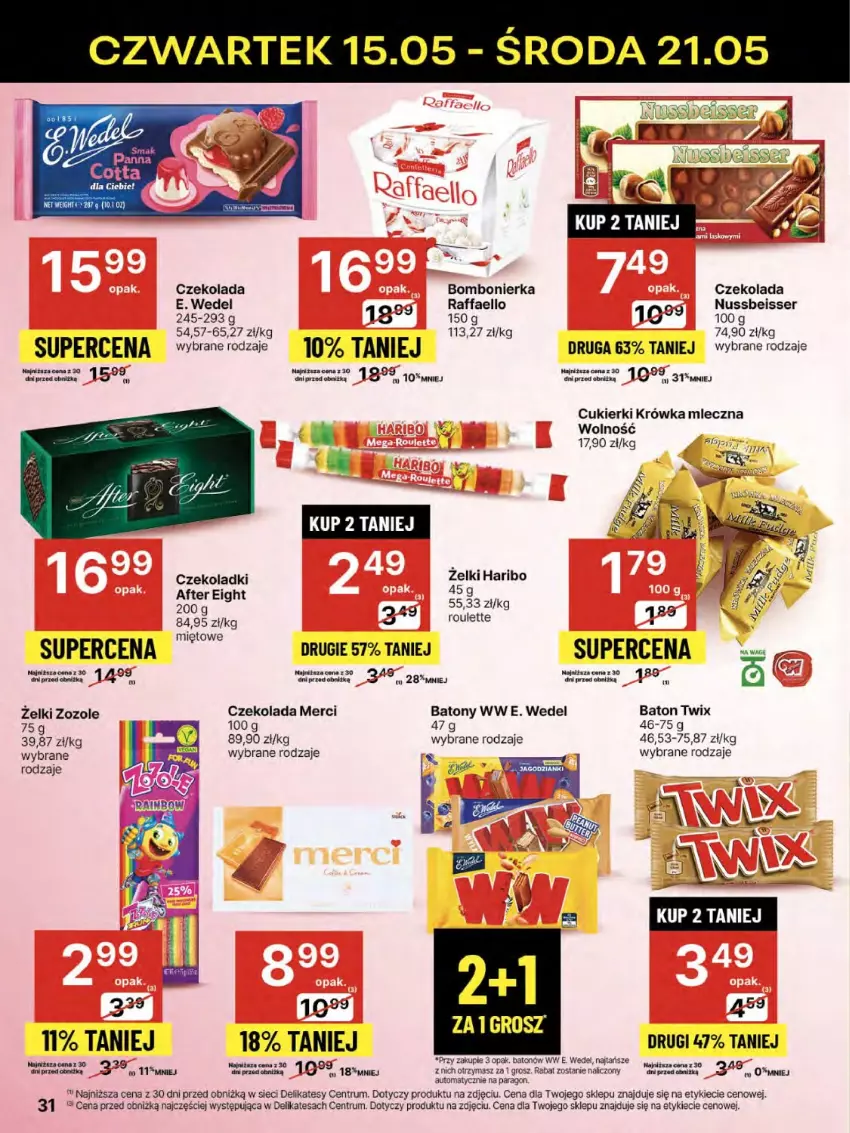 Gazetka promocyjna Delikatesy Centrum - Franczyza DC20 Czwartek - ważna 15.05 do 21.05.2025 - strona 31 - produkty: Cukier, Cukierki, Czekolada, E. Wedel, Fa, Haribo, Merci, Raffaello, Rum, Ser