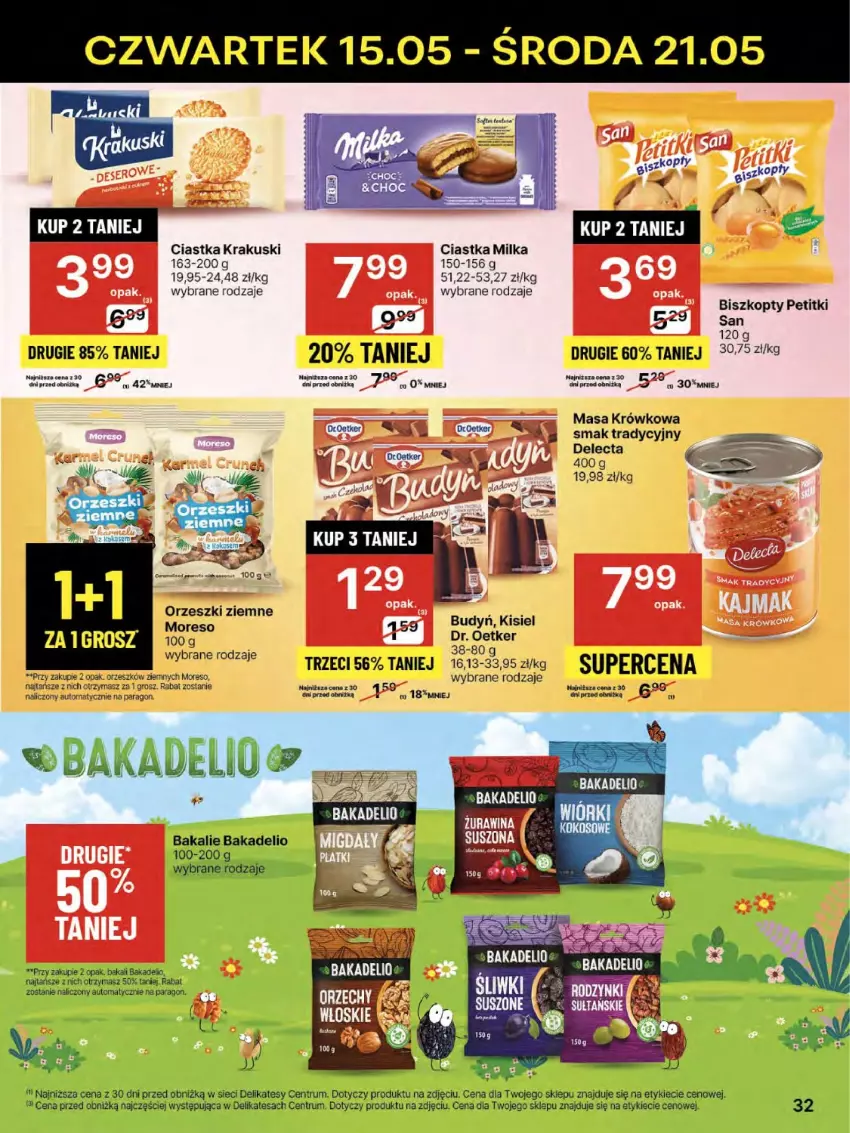 Gazetka promocyjna Delikatesy Centrum - Franczyza DC20 Czwartek - ważna 15.05 do 21.05.2025 - strona 32 - produkty: Biszkopty, Budyń, Ciastka, Delecta, Dr. Oetker, Kisiel, Kokos, Krakus, Krakuski, Masa krówkowa, Milka, Orzeszki, Orzeszki ziemne, Rum
