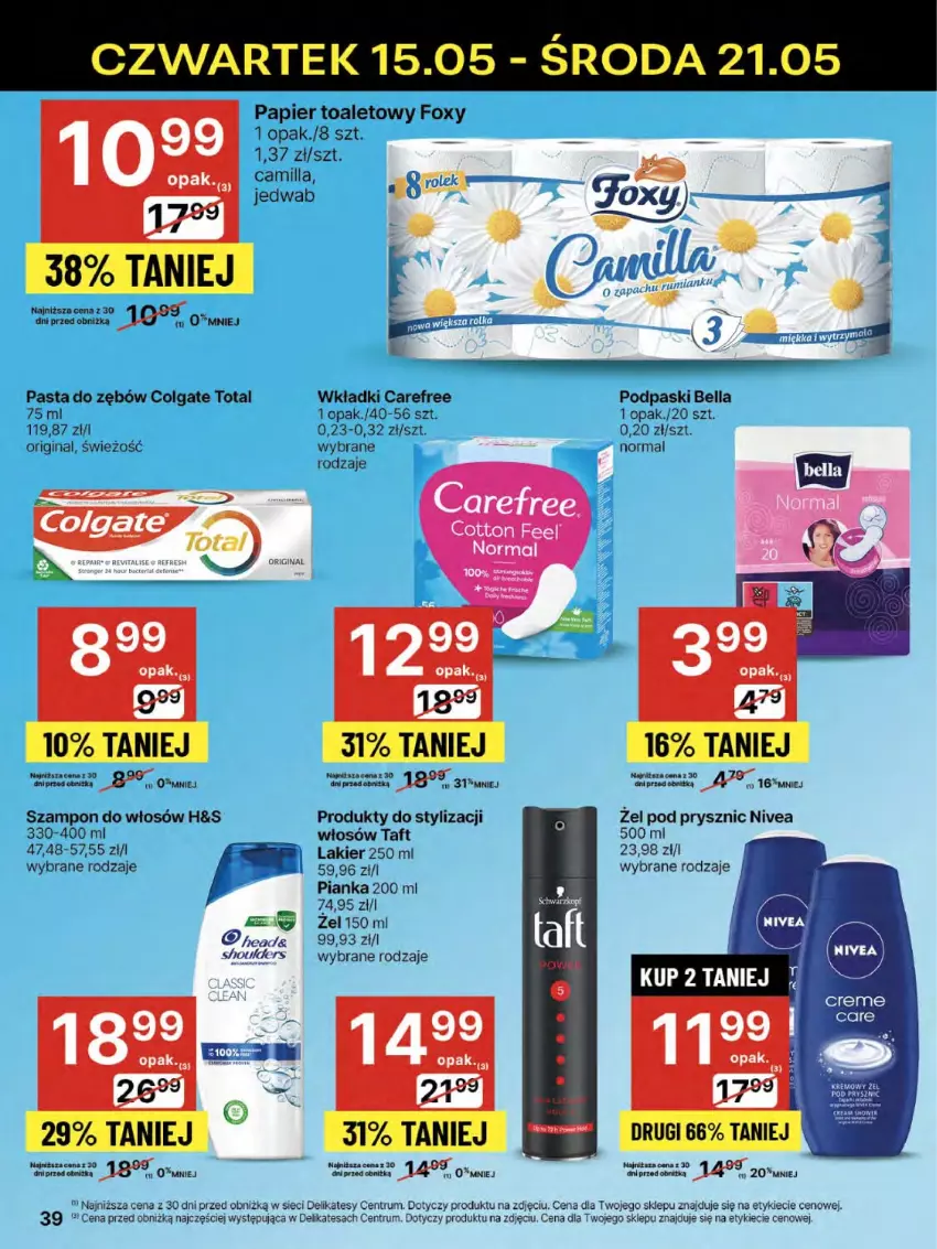 Gazetka promocyjna Delikatesy Centrum - Franczyza DC20 Czwartek - ważna 15.05 do 21.05.2025 - strona 39 - produkty: Bell, Bella, Carefree, Colgate, Colgate Total, Foxy, Gin, Lakier, LG, Nivea, Papier, Papier toaletowy, Pasta do zębów, Podpaski, Rum, Szampon, Taft, Wkładki