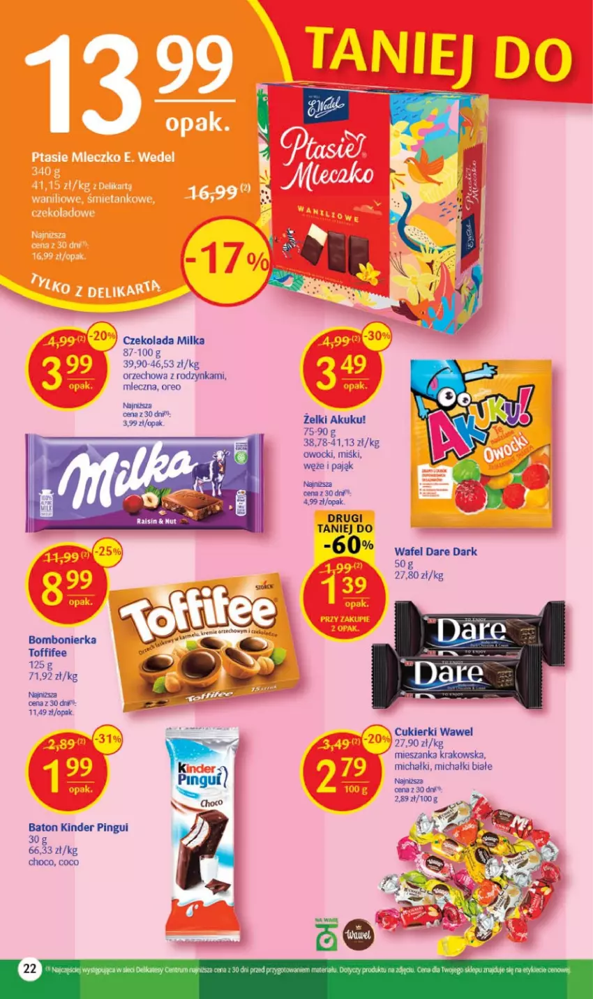 Gazetka promocyjna Delikatesy Centrum - Gazetka DC27 - ważna 13.07 do 19.07.2023 - strona 22 - produkty: Baton, Cukier, Cukierki, Czekolada, Kinder, Michałki, Milka, Oreo, Rum, Tera, Toffifee, Wawel