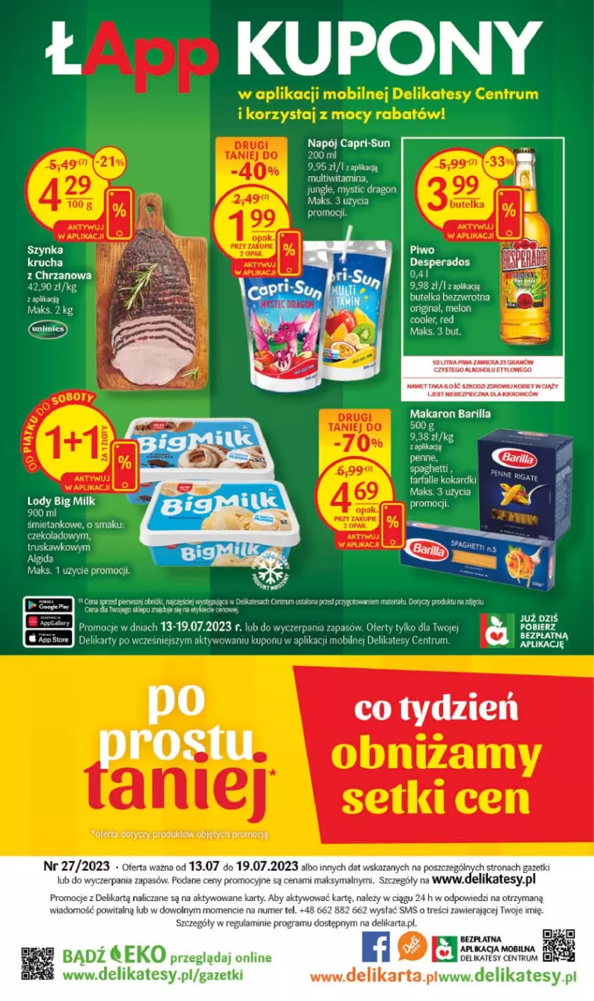 Gazetka promocyjna Delikatesy Centrum - Gazetka DC27 - ważna 13.07 do 19.07.2023 - strona 32 - produkty: Barilla, Big Milk, Chrzan, Dada, Desperados, Fa, Gra, Lody, Makaron, Mobil, Napój, Penne, Piec, Piwa, Piwo, Rum, Spaghetti