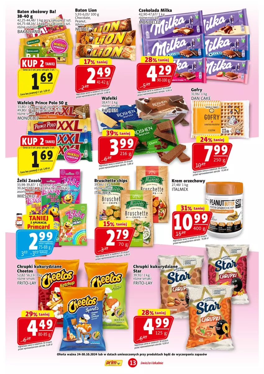 Gazetka promocyjna Prim Market - ważna 24.10 do 30.10.2024 - strona 13 - produkty: Ba!, Baton, Brit, Chrupki, Czekolada, Dan Cake, Gofry, Krem orzechowy, Lion, Milka, Olej, Prince Polo, Wafelek