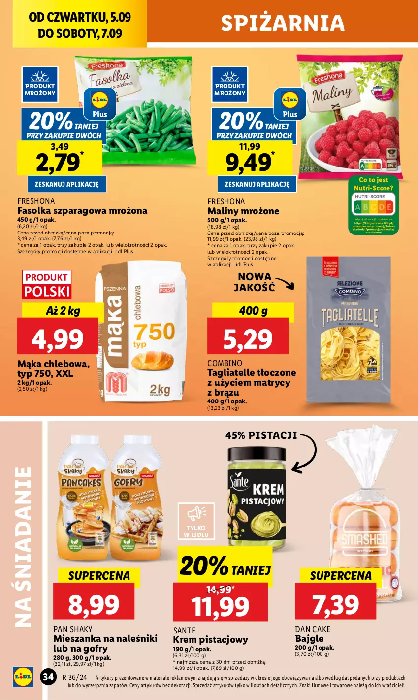 Gazetka promocyjna Lidl - GAZETKA - ważna 05.09 do 07.09.2024 - strona 42 - produkty: Bajgle, Chleb, Dan Cake, Fa, Gofry, Krem pistacjowy, Mąka, Maliny, Naleśniki, Sante, Tagliatelle