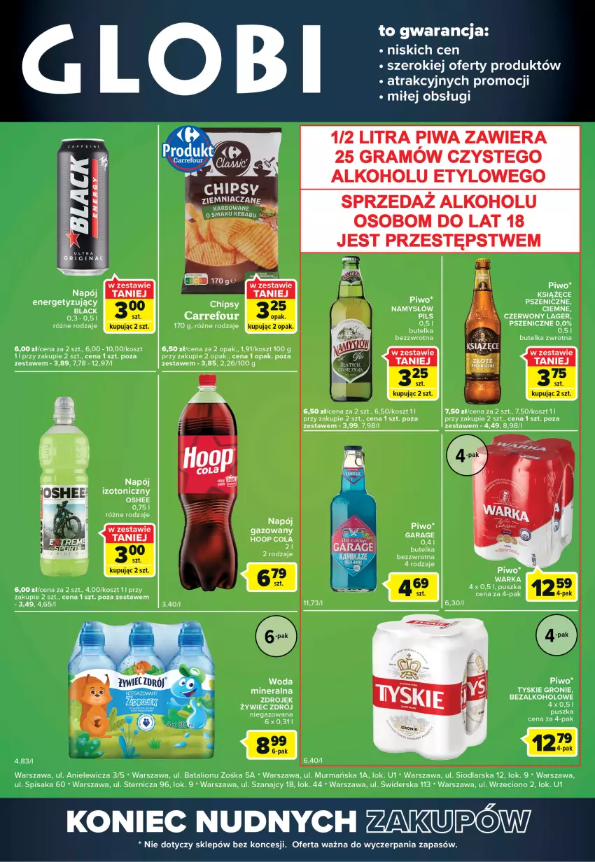 Gazetka promocyjna Carrefour - Gazetka Globi - ważna 22.11 do 28.11.2022 - strona 2 - produkty: Chipsy, Gra, Kosz, Książęce, Lack, Lion, Napój, Oshee, Piwa, Piwo, Por, Tyskie, Warka, Woda