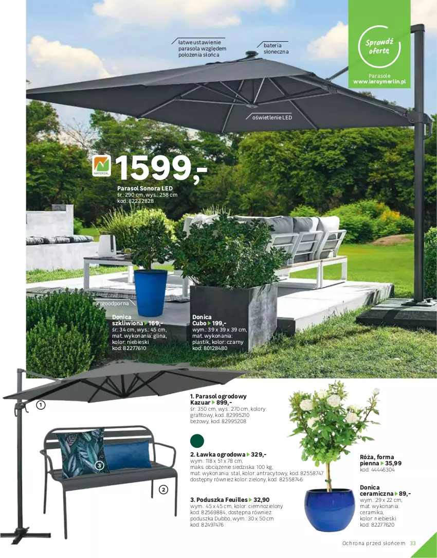 Gazetka promocyjna Leroy Merlin - Katalog ogród 2021 - ważna 04.03 do 30.06.2021 - strona 33 - produkty: Bateria, Dywan, Gra, Parasol, Poduszka, Por, Róża, Top