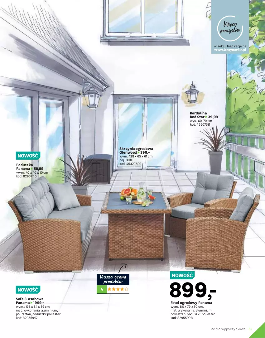 Gazetka promocyjna Leroy Merlin - Katalog ogród 2021 - ważna 04.03 do 30.06.2021 - strona 55 - produkty: Fa, Fotel, Meble, Poduszka, Puf, Sofa, Sofa 3-osobowa, Sofa narożna, Stół