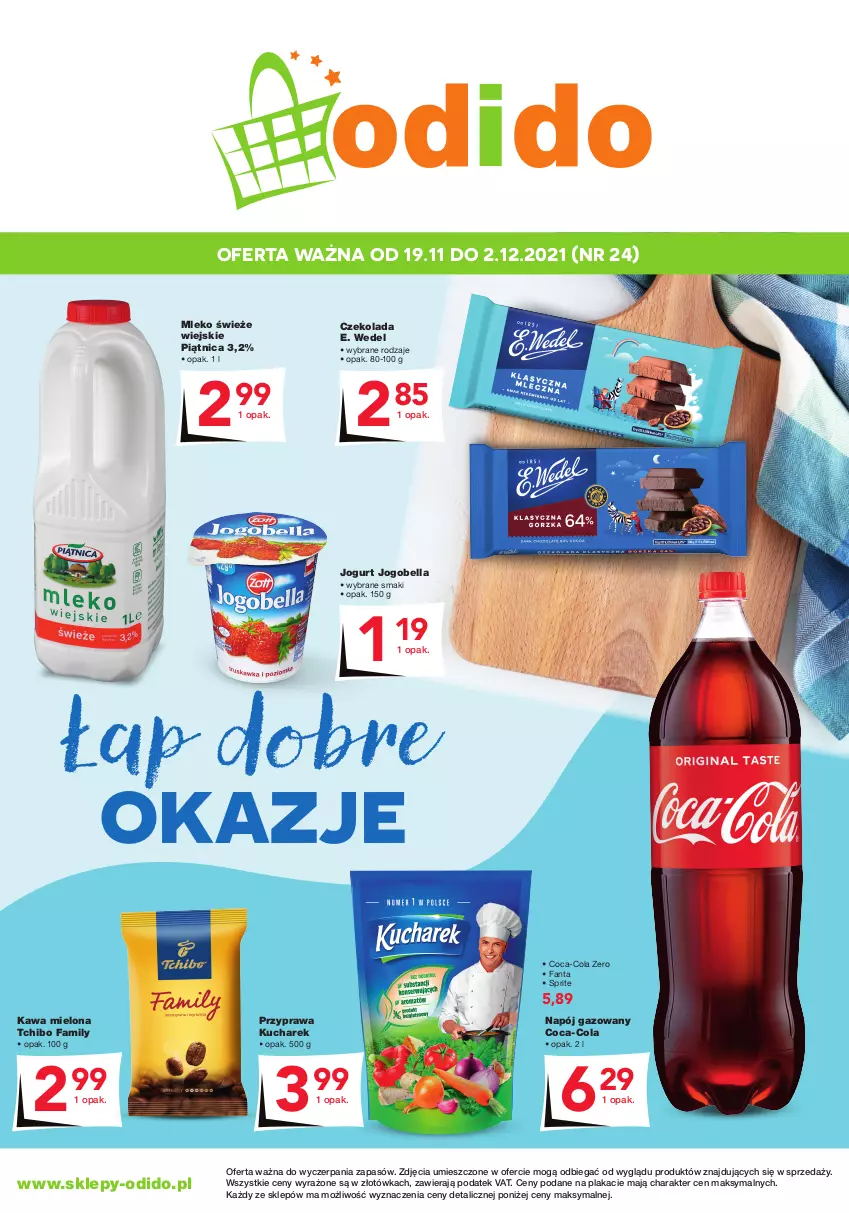 Gazetka promocyjna Odido - Plakat! - ważna 19.11 do 02.12.2021 - strona 1 - produkty: Bell, Bella, Coca-Cola, Czekolada, E. Wedel, Fa, Fanta, Jogobella, Jogurt, Kawa, Kawa mielona, Kucharek, Mleko, Napój, Napój gazowany, Piątnica, Sprite, Tchibo, Tchibo Family