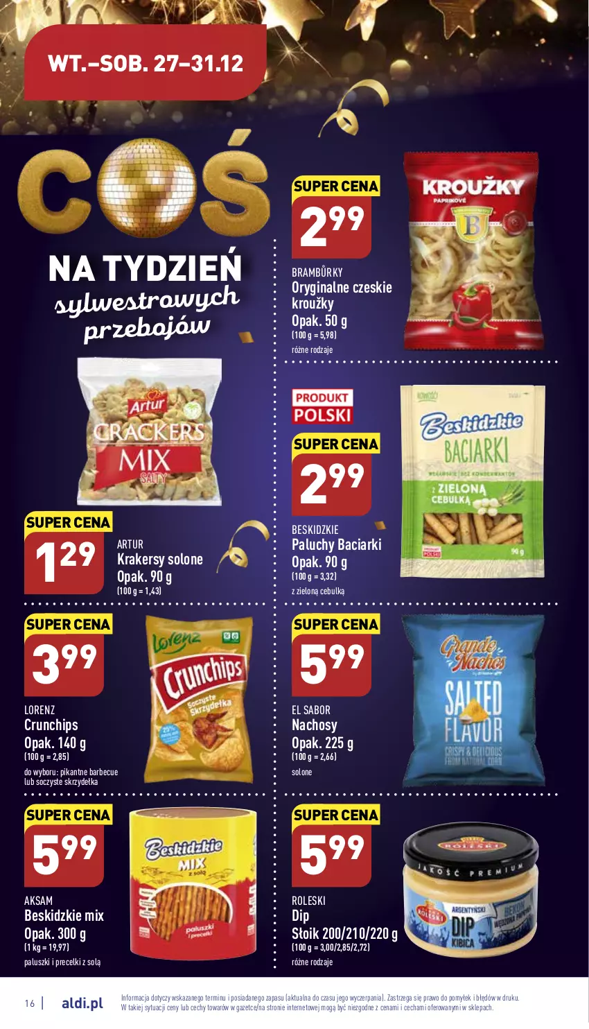 Gazetka promocyjna Aldi - Pełny katalog - ważna 27.12 do 31.12.2022 - strona 16 - produkty: Aksam, Artur, Beskidzki, Crunchips, Gin, Krakersy, Lorenz, Precelki