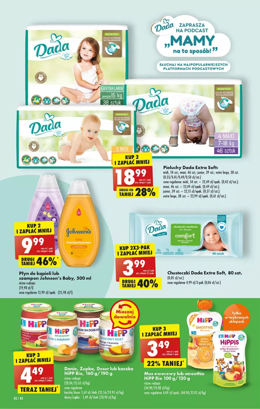 Gazetka promocyjna Biedronka - W tym tygodniu PN - ważna 16.05 do 21.05.2022 - strona 42 - produkty: Chusteczki, Dada, Deser, HiPP, Hipp Bio, Johnson's, Johnson's Baby, Kosz, Mus, Pieluchy, Ser, Smoothie, Szampon, Tera