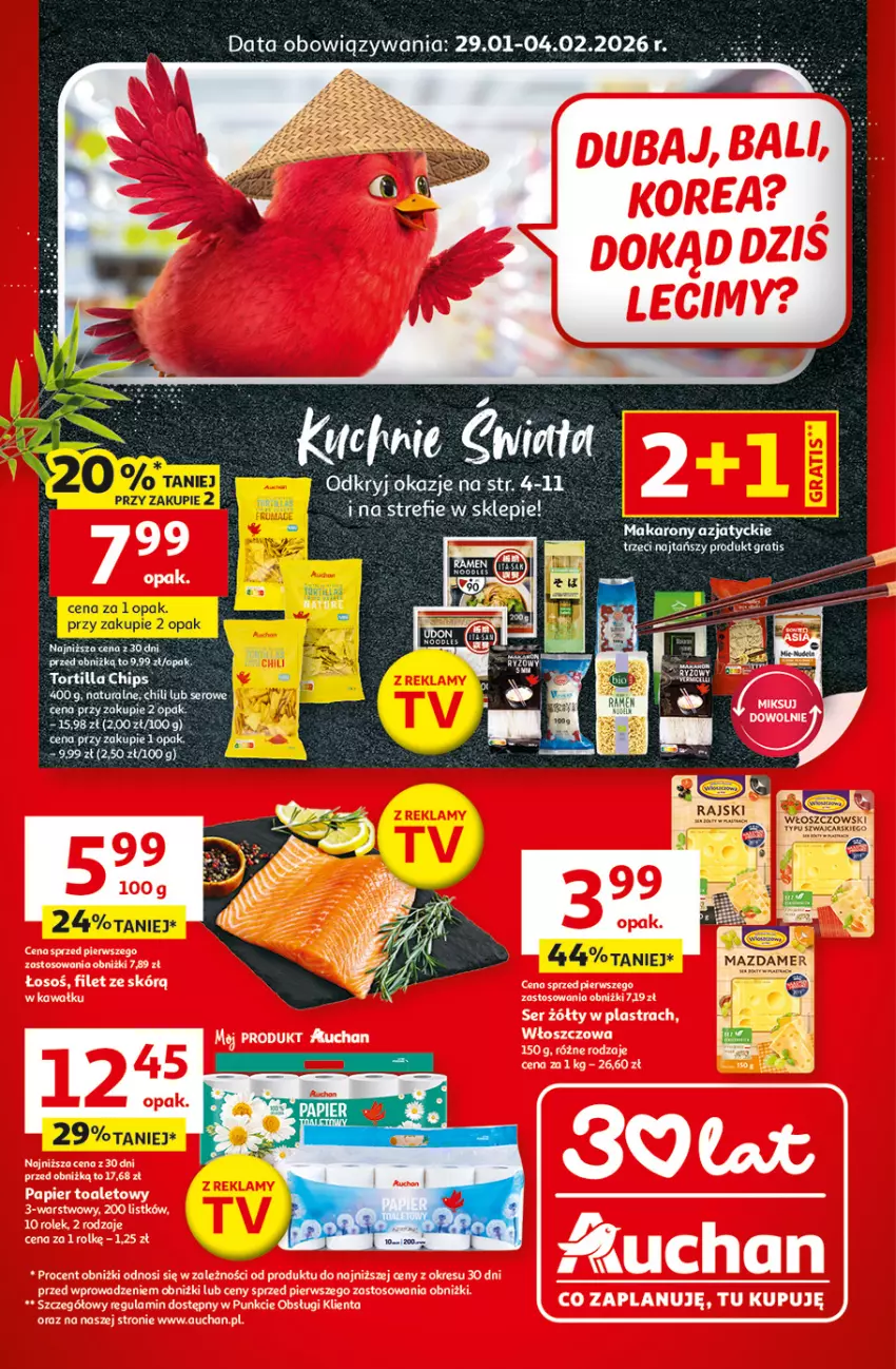 Gazetka promocyjna Auchan - 30 Lat Hipermarket - ważna 29.01 do 04.02.2026 - strona 1 - produkty: Cars, Makaron, Mazdamer, Ser, Tera, Tortilla, Tortilla Chips