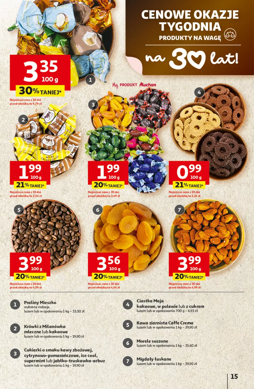 Gazetka promocyjna Auchan - 30 Lat Hipermarket - ważna 29.01 do 04.02.2026 - strona 15 - produkty: Arbuz, Ciastka, Cukier, Cukierki, Kakao, Kawa, Kawa ziarnista, Migdały, Migdały łuskane, Praliny
