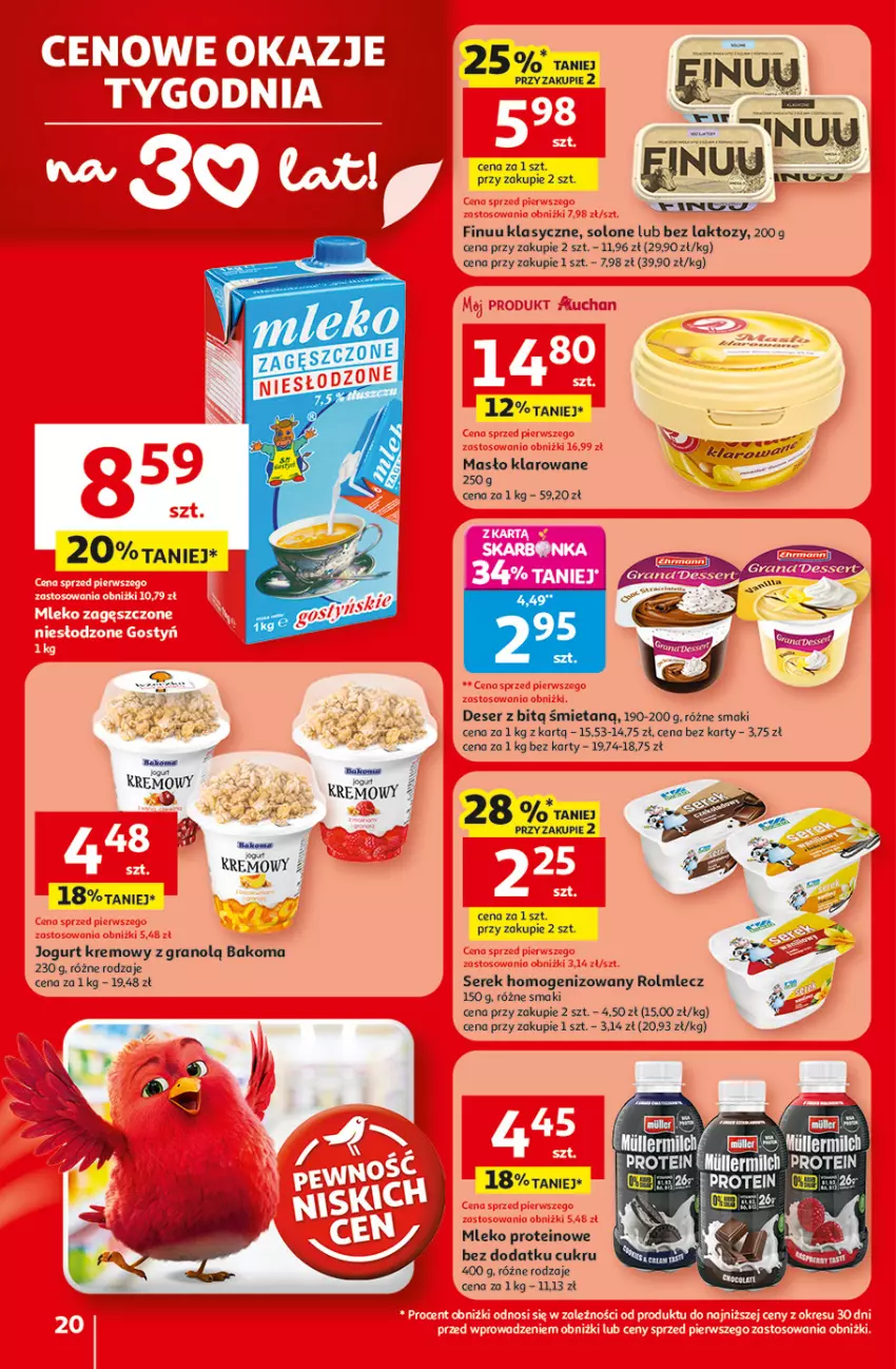 Gazetka promocyjna Auchan - 30 Lat Hipermarket - ważna 29.01 do 04.02.2026 - strona 20 - produkty: Bakoma, Deser, Fa, Finuu, Gin, Gra, Jogurt, Masło, Masło klarowane, Mleko, Rolmlecz, Ser, Serek, Serek homogenizowany