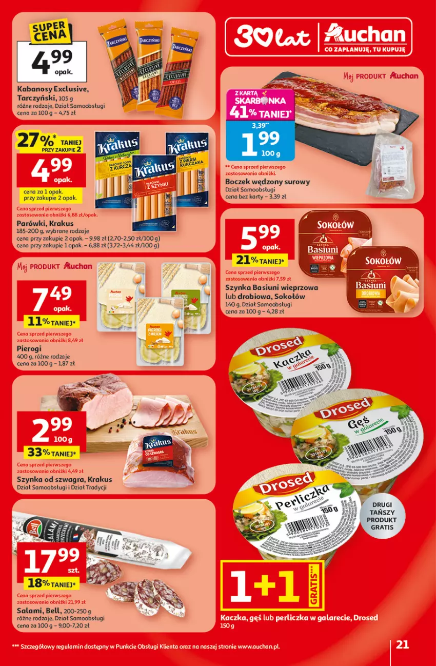 Gazetka promocyjna Auchan - 30 Lat Hipermarket - ważna 29.01 do 04.02.2026 - strona 21 - produkty: Bell, Boczek, Gra, Kabanos, Krakus, Parówki, Pierogi, Salami, Sok, Sokołów, Szynka, Tarczyński