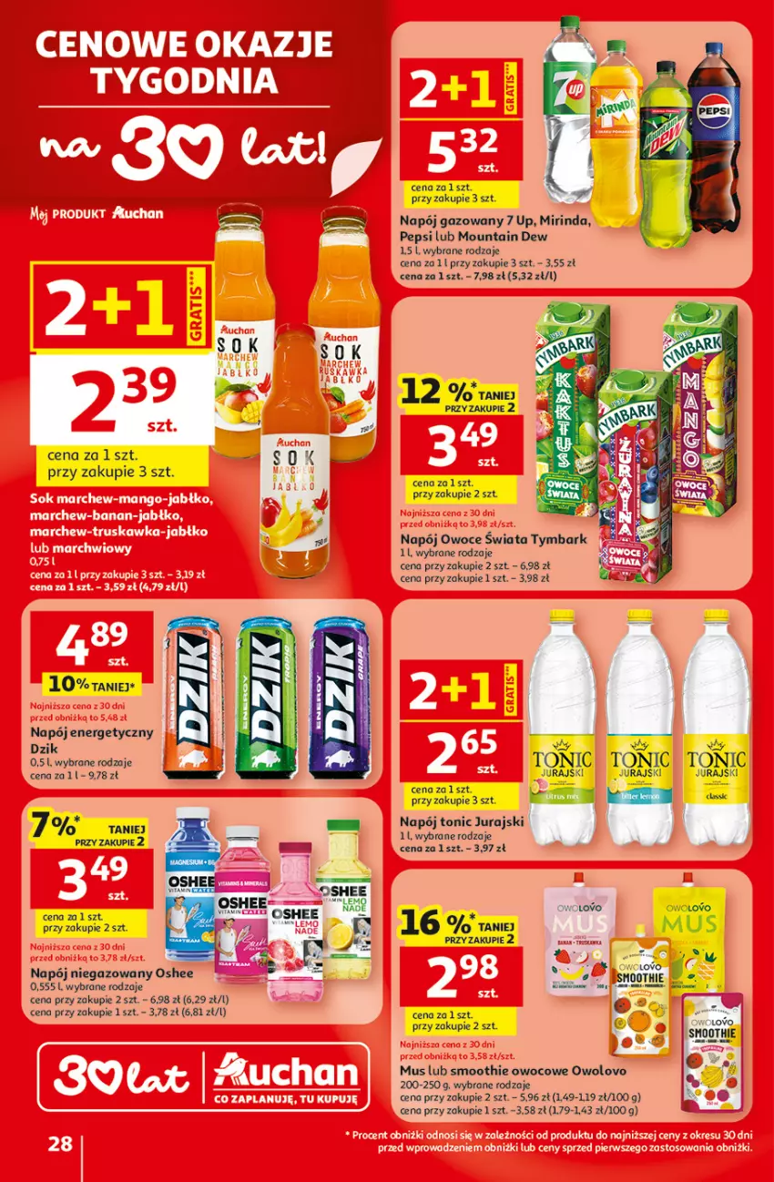 Gazetka promocyjna Auchan - 30 Lat Hipermarket - ważna 29.01 do 04.02.2026 - strona 28 - produkty: Mirinda, Mus, Napój, Napój energetyczny, Napój gazowany, Napój niegazowany, Oshee, Owoce, Pepsi, Smoothie, Sok, Tymbark