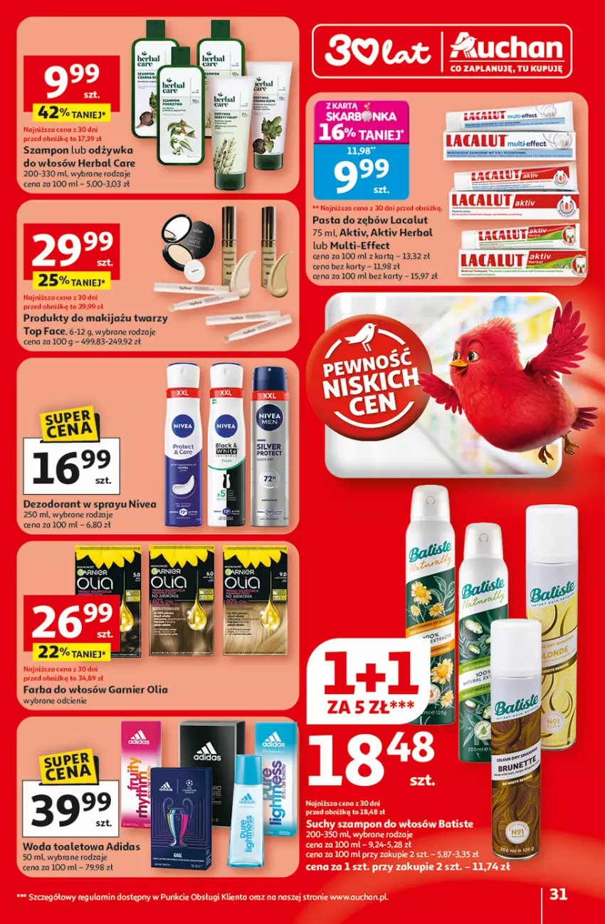 Gazetka promocyjna Auchan - 30 Lat Hipermarket - ważna 29.01 do 04.02.2026 - strona 31 - produkty: Adidas, Dezodorant, Fa, Farba do włosów, Garnier, Lacalut, Makijaż, Nivea, Odżywka, Pasta do zębów, Produkty do makijażu, Szampon, Top, Woda, Woda toaletowa