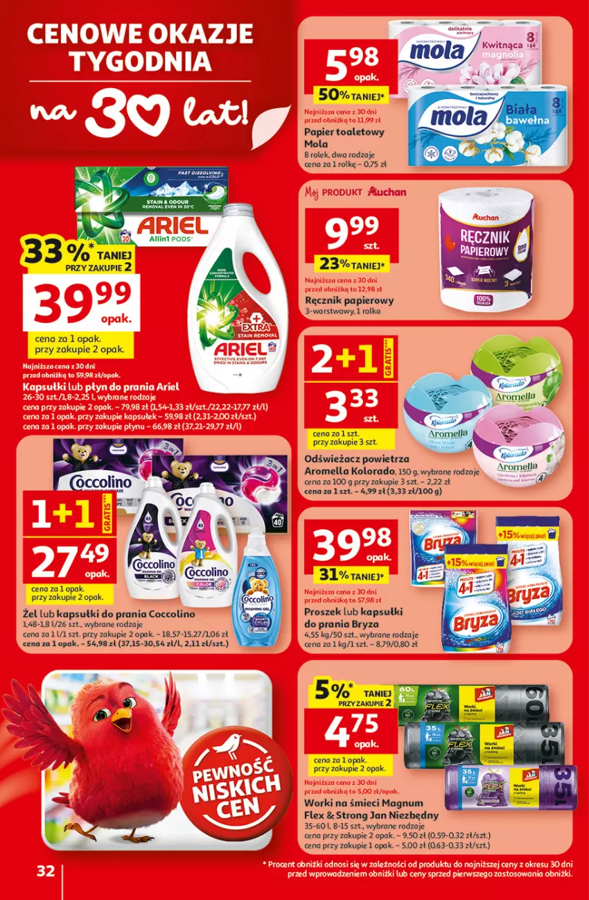 Gazetka promocyjna Auchan - 30 Lat Hipermarket - ważna 29.01 do 04.02.2026 - strona 32 - produkty: Bryza, Coccolino, Jan Niezbędny, Kapsułki do prania, Kolorado, Mola, Odświeżacz powietrza, Papier, Papier toaletowy, Ręcznik, Worki na śmiec, Worki na śmieci