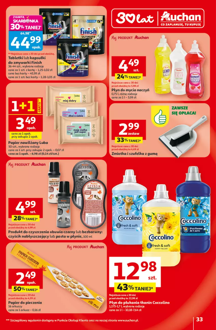 Gazetka promocyjna Auchan - 30 Lat Hipermarket - ważna 29.01 do 04.02.2026 - strona 33 - produkty: Do mycia naczyń, Finish, Mop, Papier, Papier do pieczenia, Perfum, Piec, Płyn do mycia, Płyn do mycia naczyń, Szufelka, Tablet, Zmywarki