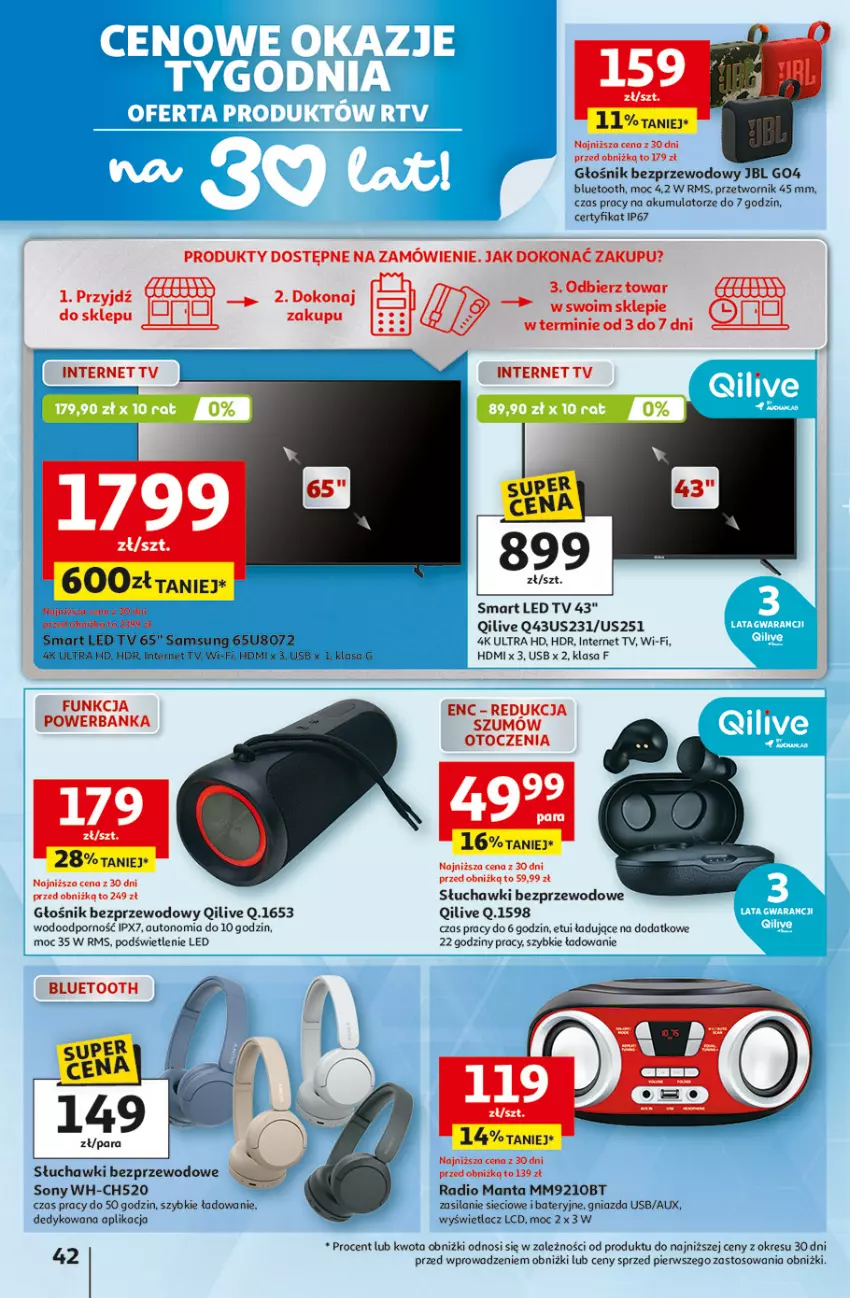 Gazetka promocyjna Auchan - 30 Lat Hipermarket - ważna 29.01 do 04.02.2026 - strona 43 - produkty: Akumulator, Głośnik, JBL, LED TV, Manta, Por, Powerbank, Samsung, Silan, Słuchawki, Słuchawki bezprzewodowe, Sony