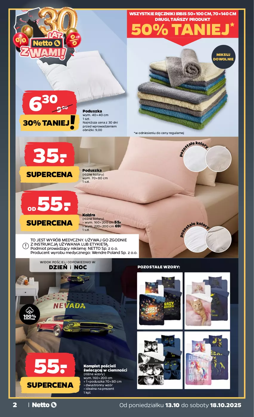 Gazetka promocyjna Netto - Od Poniedziałku Przemysłowa - ważna 13.10 do 18.10.2025 - strona 2 - produkty: Kołdra, Komplet pościeli, Poduszka, Pościel, Ręcznik, Wełna