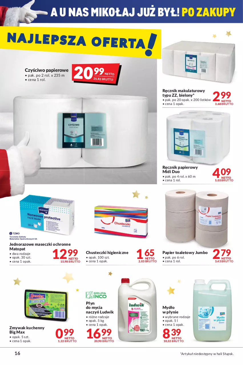 Gazetka promocyjna Makro - [Oferta promocyjna] Artykuły spożywcze i przemysłowe - ważna 30.11 do 13.12.2021 - strona 16 - produkty: Chusteczki, Czyściwo papierowe, Do mycia naczyń, Ludwik, Mydło, Mydło w płynie, Papier, Papier toaletowy, Płyn do mycia, Płyn do mycia naczyń, Ręcznik, Top