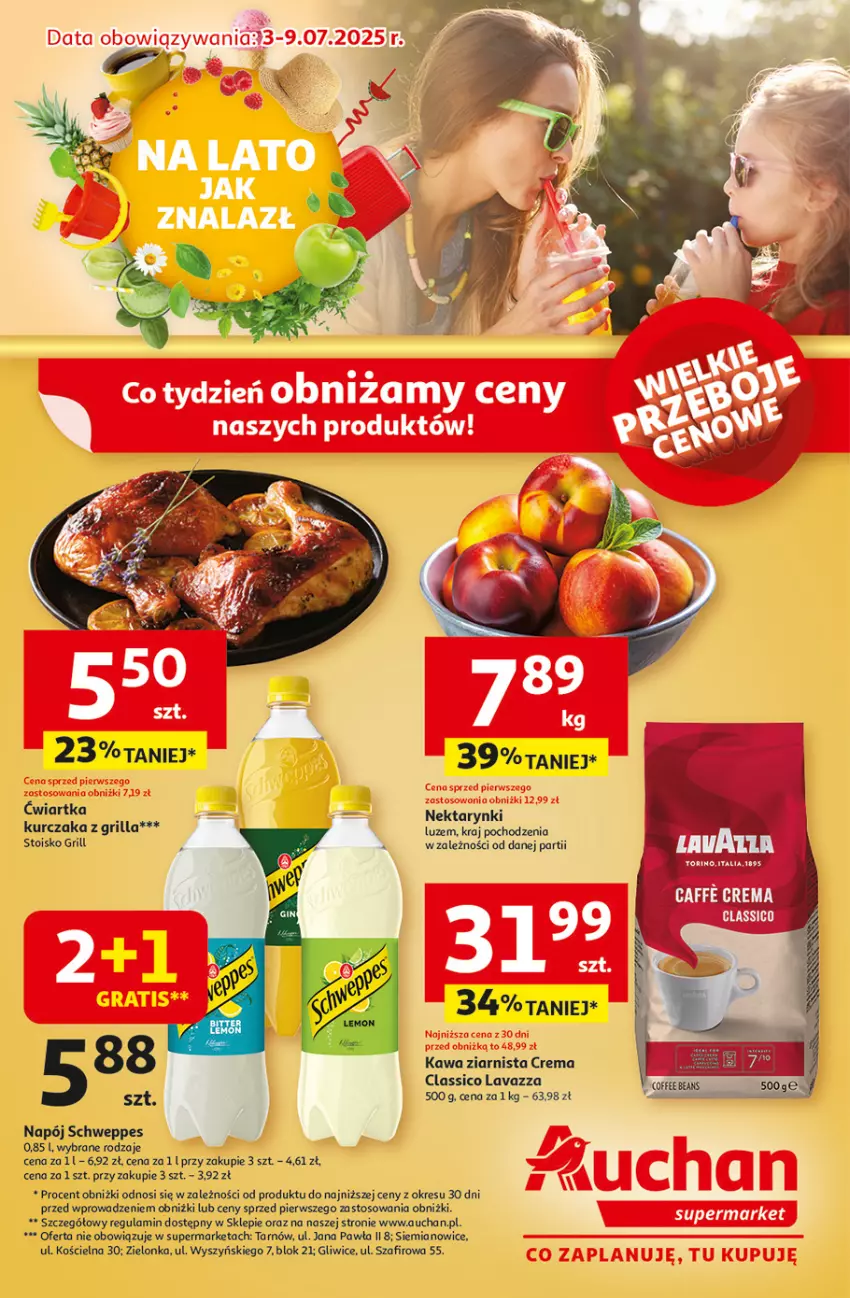 Gazetka promocyjna Auchan - NA LATO JAK ZNALAZŁ Supermarket - ważna 03.07 do 09.07.2025 - strona 1 - produkty: Grill, Kawa, Kawa ziarnista, Lavazza, Napój, Schweppes
