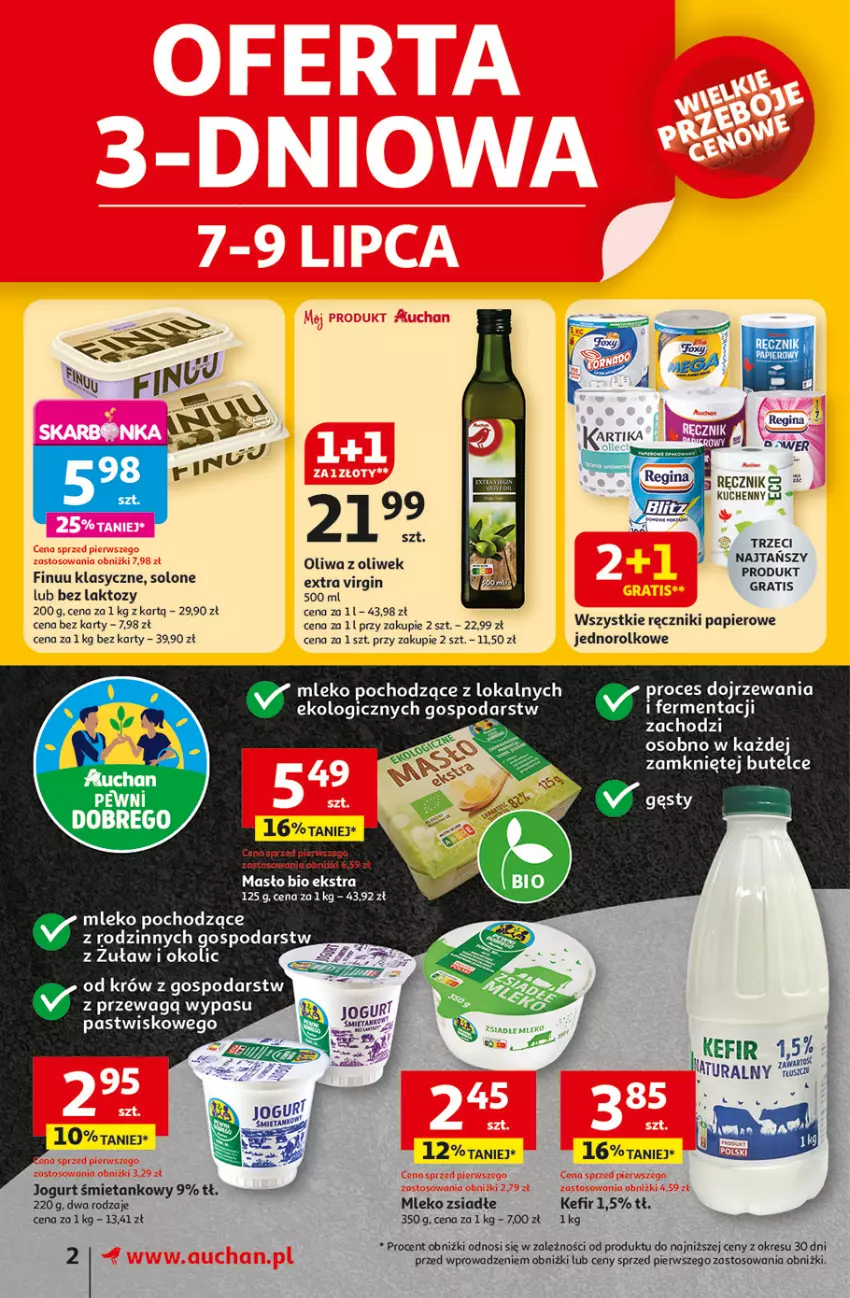 Gazetka promocyjna Auchan - NA LATO JAK ZNALAZŁ Supermarket - ważna 03.07 do 09.07.2025 - strona 2 - produkty: Finuu, Gin, Gra, Jogurt, Kefir, Masło, Mleko, Mleko zsiadłe, Oliwa, Oliwa z oliwek, Papier, Ręcznik, Ręczniki papierowe