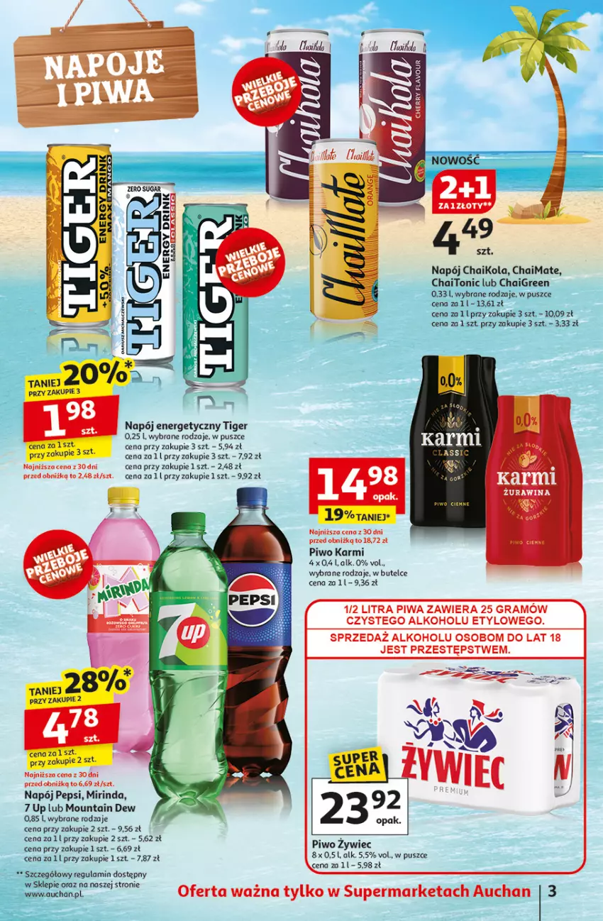 Gazetka promocyjna Auchan - NA LATO JAK ZNALAZŁ Supermarket - ważna 03.07 do 09.07.2025 - strona 3 - produkty: Gra, Karmi, LG, Mirinda, Napój, Napój energetyczny, Pepsi, Piwa, Piwo, Tiger