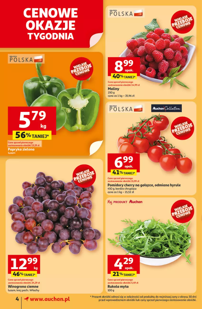 Gazetka promocyjna Auchan - NA LATO JAK ZNALAZŁ Supermarket - ważna 03.07 do 09.07.2025 - strona 4 - produkty: Maliny, Pomidory, Rukola, Wino, Winogrona