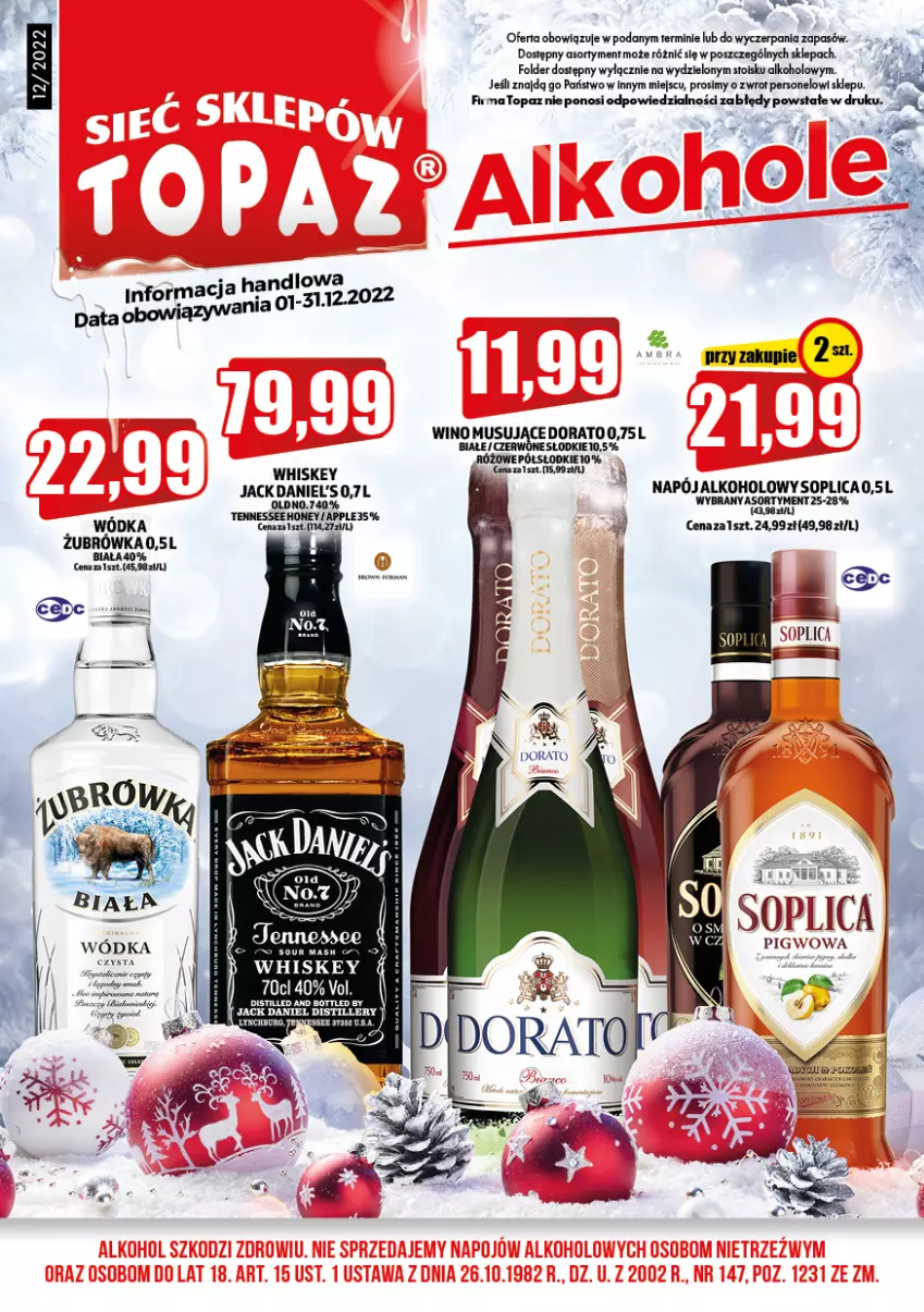 Gazetka promocyjna Topaz - Gazetka - ważna 01.12 do 31.12.2022 - strona 1 - produkty: Napój, Soplica, Top, Whiskey, Wódka