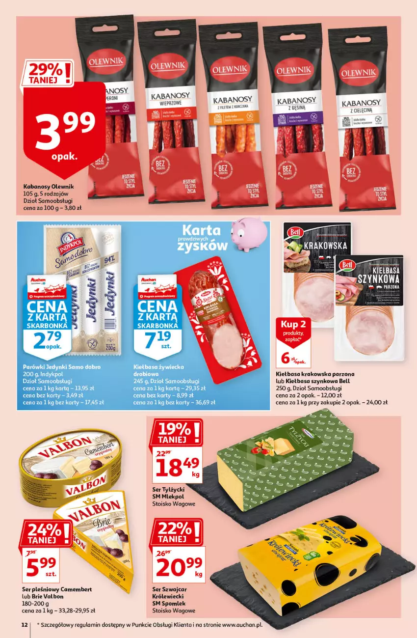 Gazetka promocyjna Auchan - Magic Birds Hipermarkety - ważna 15.04 do 21.04.2021 - strona 12 - produkty: Bell, Brie, Camembert, Fa, Kabanos, Kiełbasa, Kiełbasa krakowska, Kiełbasa szynkowa, Olewnik, Parówki, Ser, Ser pleśniowy, Ser tylżycki