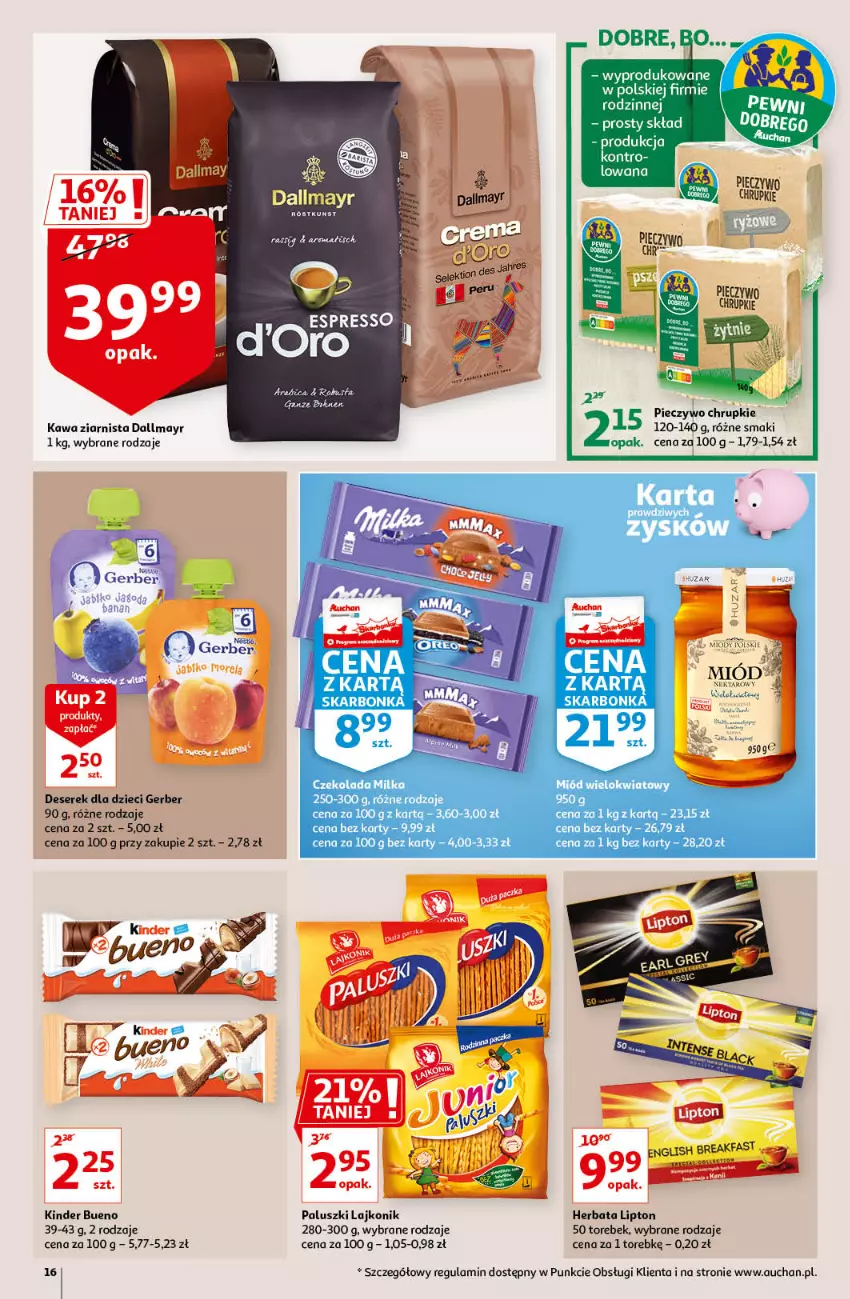 Gazetka promocyjna Auchan - Magic Birds Hipermarkety - ważna 15.04 do 21.04.2021 - strona 16 - produkty: Chrupki, Dallmayr, Deser, Dzieci, Fa, Gerber, Herbata, Kawa, Kawa ziarnista, Kinder, Kinder Bueno, Lajkonik, Lipton, Miód, Piec, Pieczywo, Pieczywo chrupkie, Ser, Serek