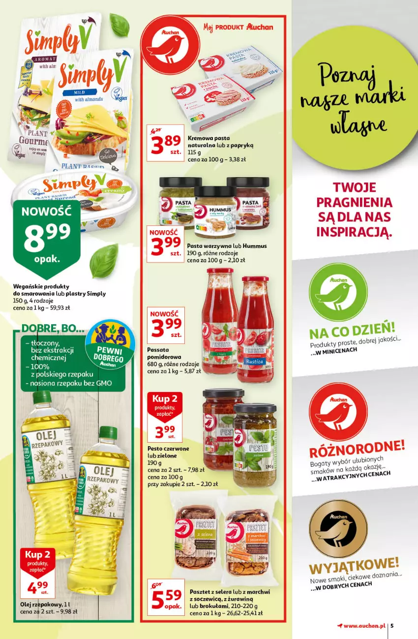Gazetka promocyjna Auchan - Magic Birds Hipermarkety - ważna 15.04 do 21.04.2021 - strona 5 - produkty: Hummus, Mus, Olej, Olej rzepakowy, Pasta warzywna, Pasztet, Pesto