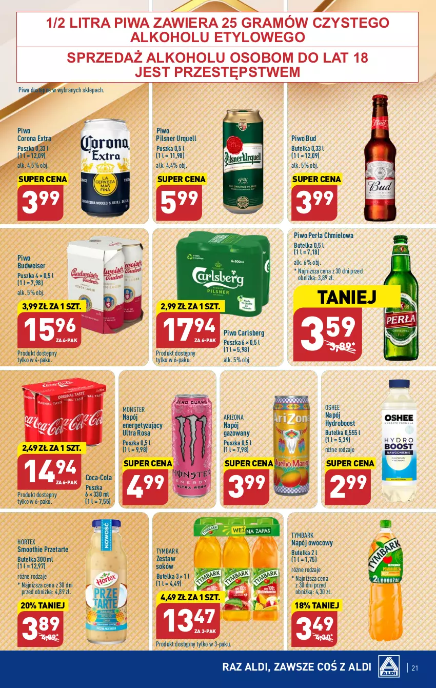 Gazetka promocyjna Aldi - Pełna oferta - ważna 06.11 do 10.11.2023 - strona 21 - produkty: Carlsberg, Coca-Cola, Corona Extra, Gra, Hortex, Napój, Napój gazowany, Oshee, Perła, Pilsner Urquell, Piwa, Piwo, Ser, Smoothie, Sok, Tymbark