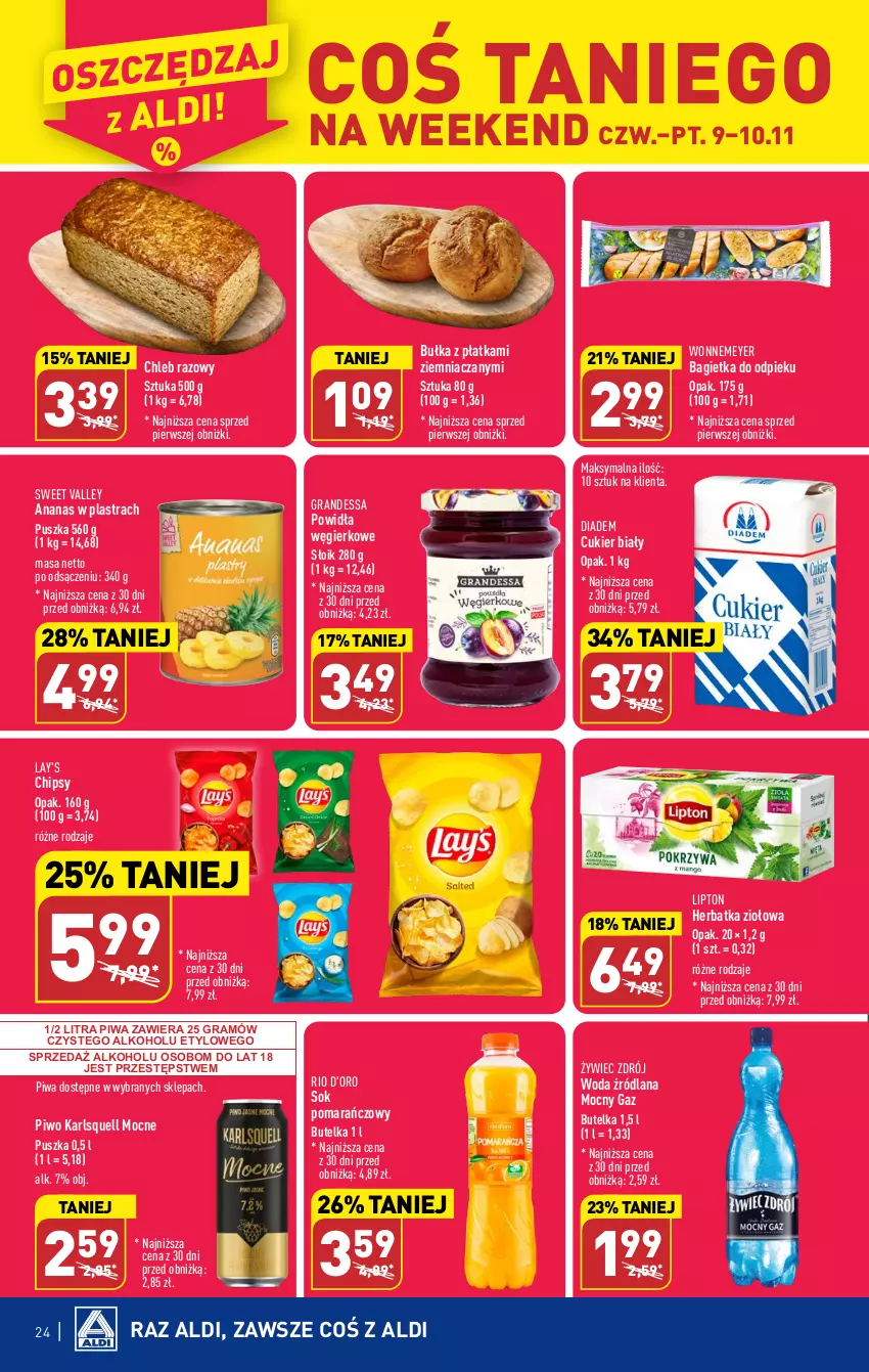 Gazetka promocyjna Aldi - Pełna oferta - ważna 06.11 do 10.11.2023 - strona 24 - produkty: Ananas, Ananas w plastrach, Bagietka, Bułka, Chipsy, Chleb, Cukier, Gra, Karlsquell, LANA, Lipton, Piwa, Piwo, Sok, Sok pomarańczowy, Woda